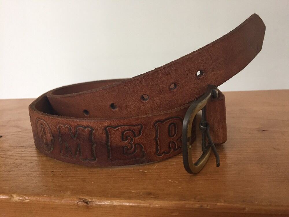 Vintage SOMERS Handtooled Racing Motorcycles Biker Brown Tan Leather Belt 39"